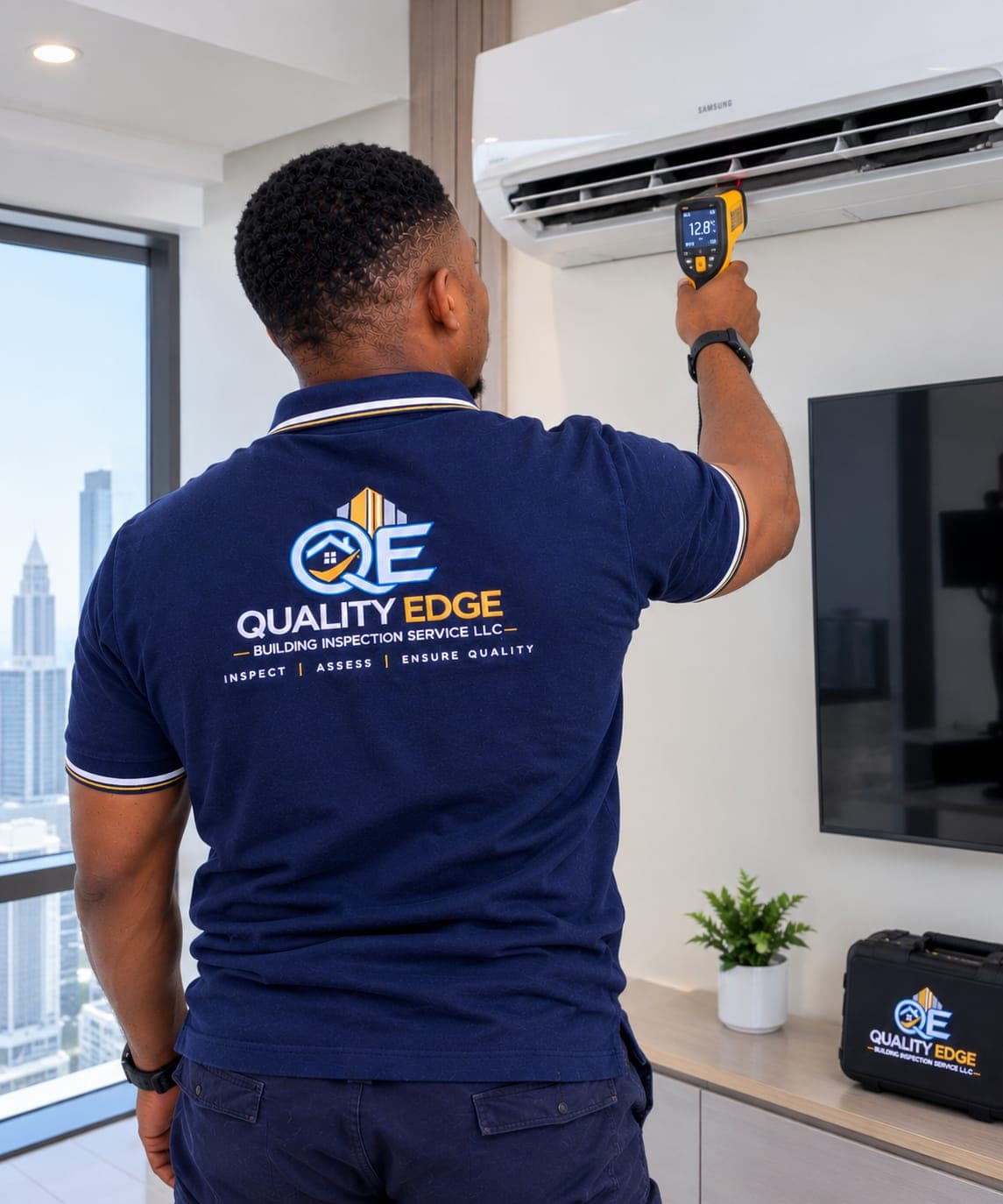 An inspector measuring the temperature of a wall-mounted air conditioner.