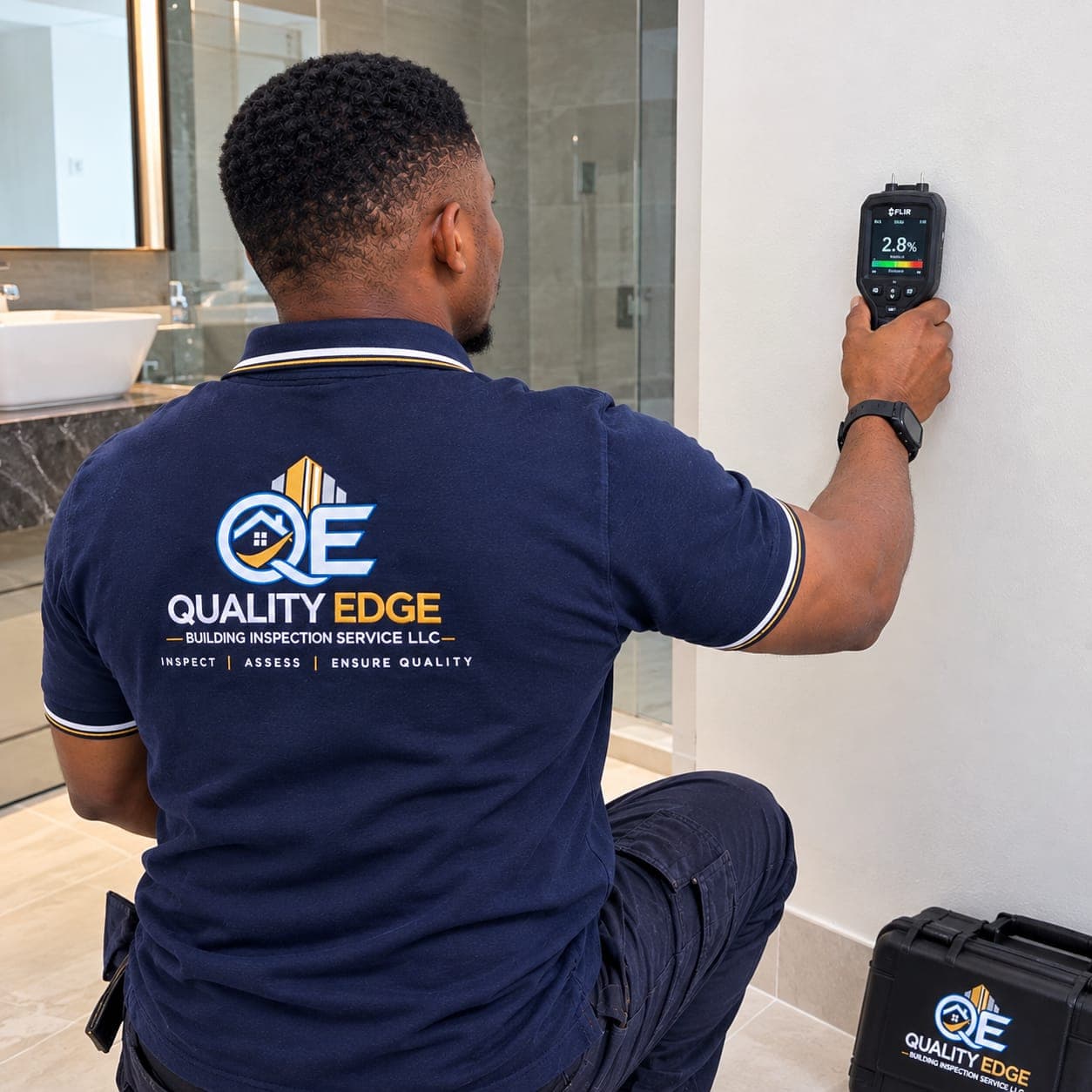 An inspector measuring moisture levels on an interior wall.
