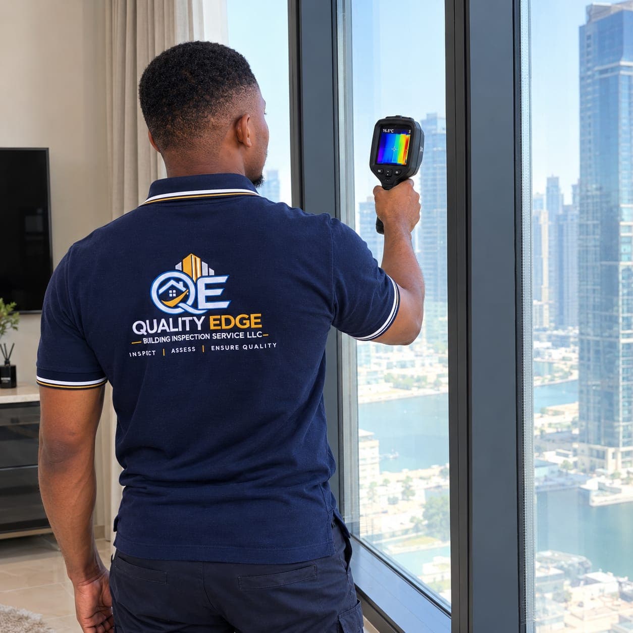 Inspector using a thermal camera to check an interior window area.